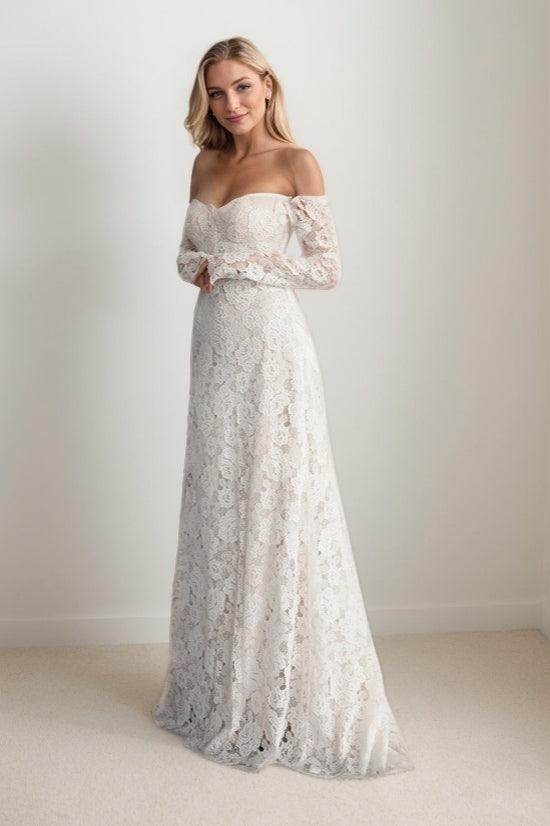 A-Line Sweep-Brush Train Lace Wedding Dress CW3447 - COCOMELODY